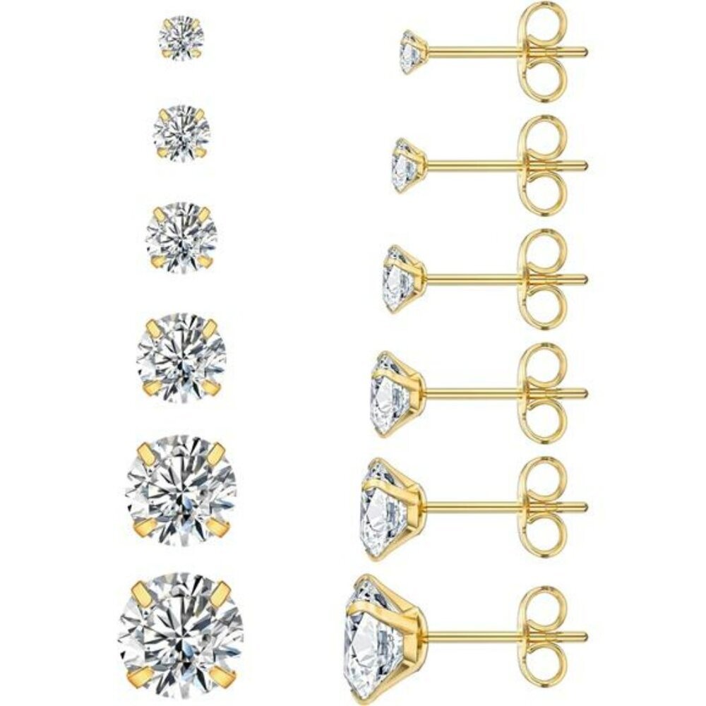 6 Pairs CZ Stud Earrings Set Hypoallergenic Stainless Steel 3mm to 8mm